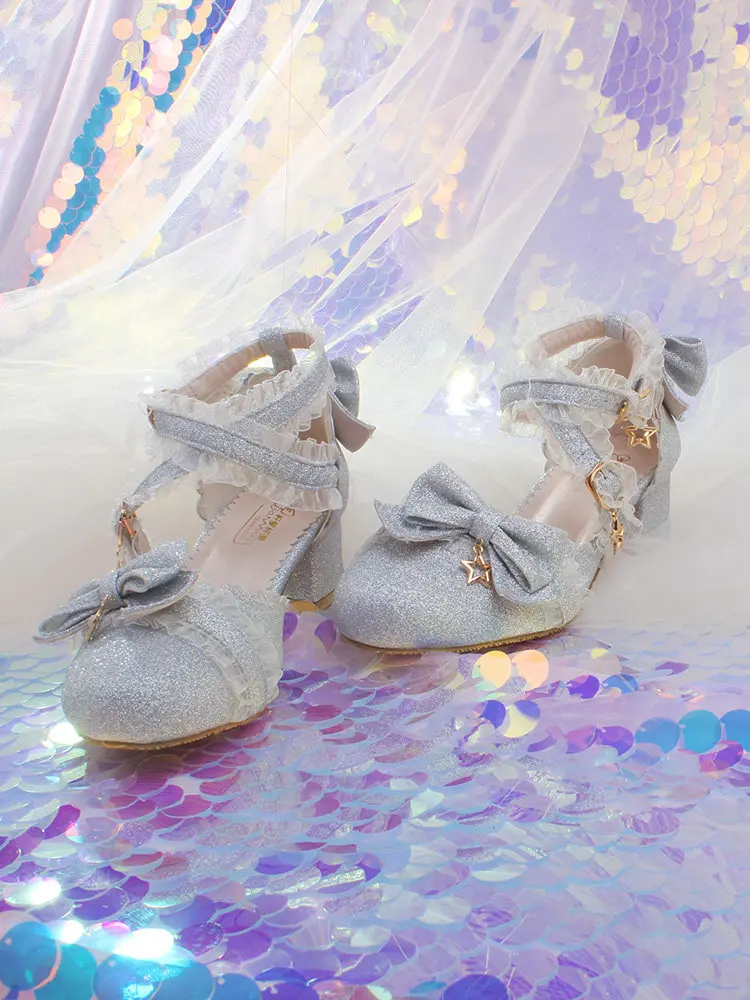 

Japanese New Original Flower Wedding Lolita Shoes Bow High Heels Female Soft Sister Middle Heel Tea Party Star Lo Mother Sandals