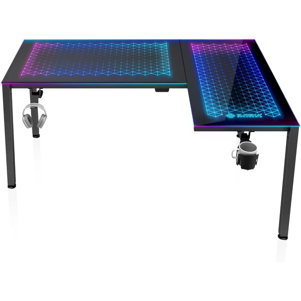 Gaming Desk with LED Lights 60 Inch L Shaped Reversible Black Glass, Waterproof and Heat-resistant, Gaming Table