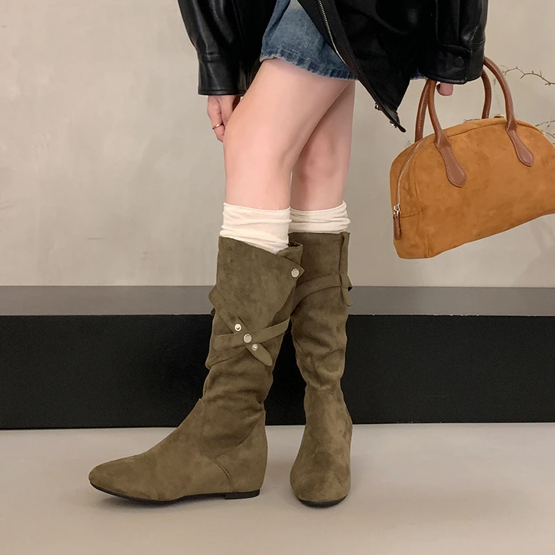 Korean Vintage Round-Toe Low-Heel High Boots for Women 2026 Fall/Winter New Two-Way Wear Slouch Boots Western Mid-Calf Boots