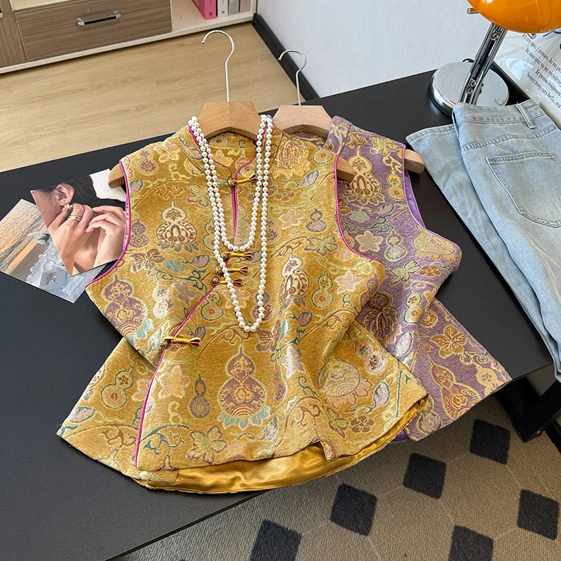 

Новый китайский этнический жилет в стиле Ханьфу с вышивкой, улучшенный дизайн, с воротником-стойкой, на пуговицах, с подплечниками