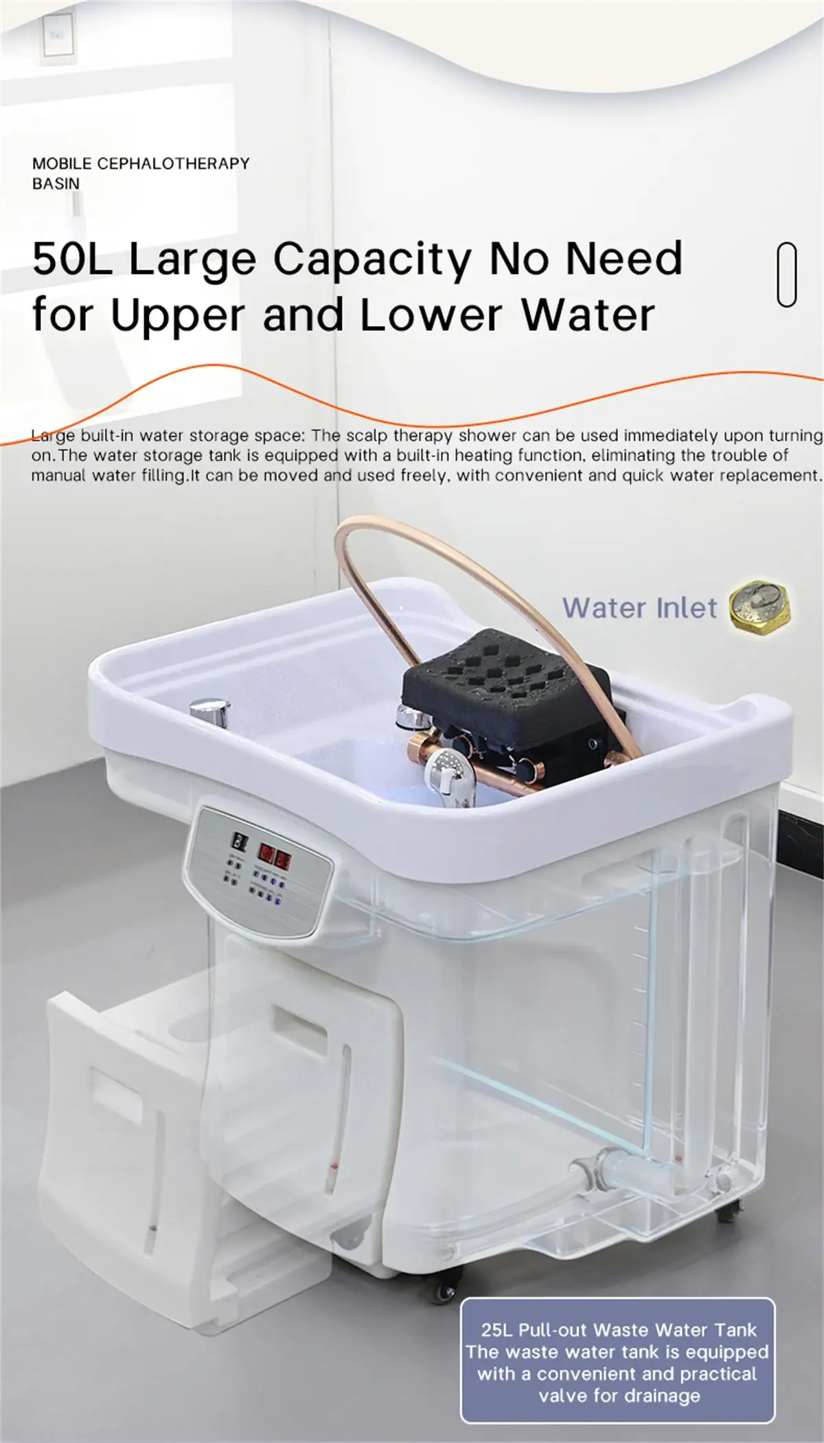 Praktisches 60-Liter-Wasserspeicherkopf-Spa-Becken mit Wasserzirkulation und Heizfunktion, Friseursalon-Becken, mit Entwässerungstank – Detail 5