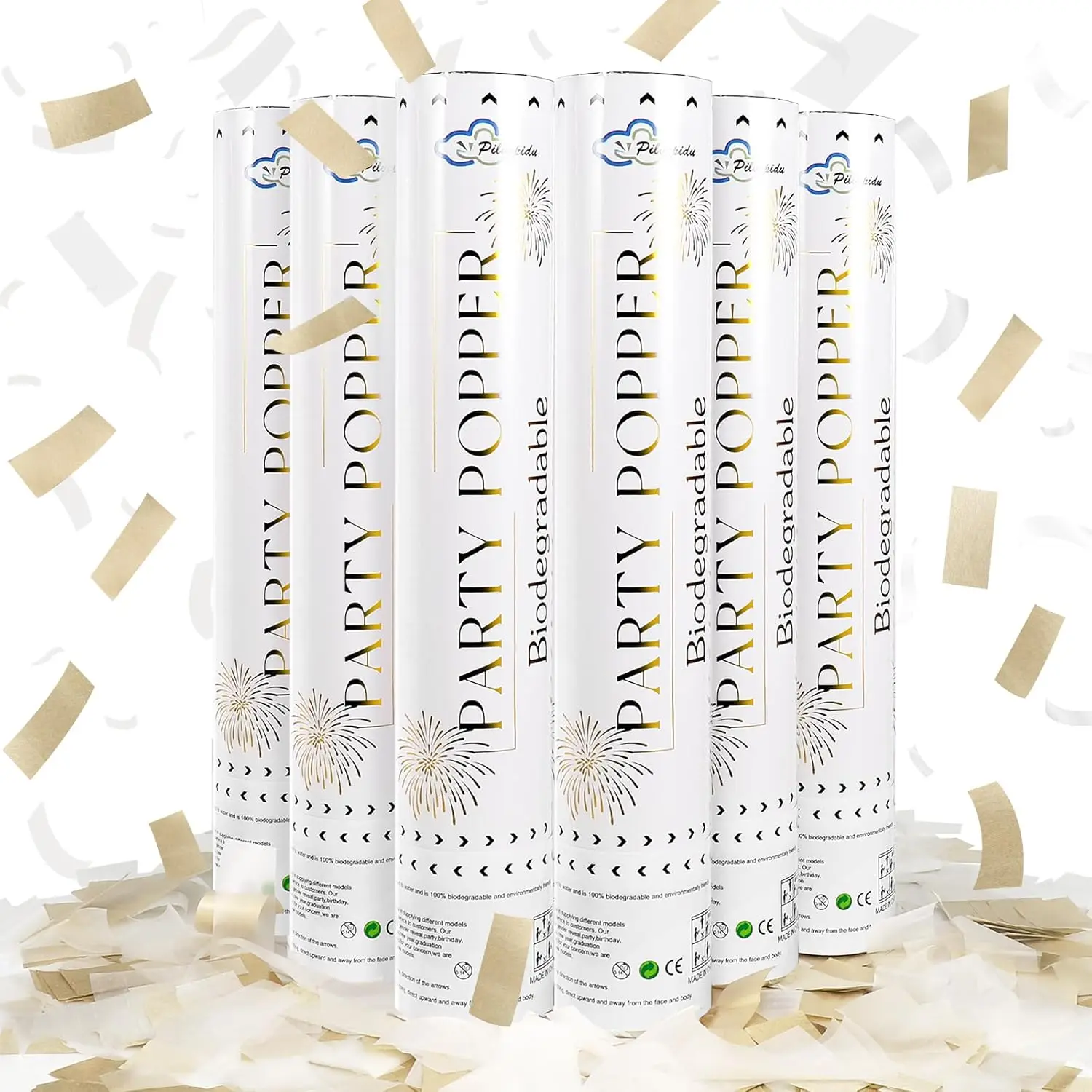 

White Gold Rice Confetti Cannon, 6 Pack Biodegradable Confetti Poppers Party Shooters for Wedding Birthday Celebrations