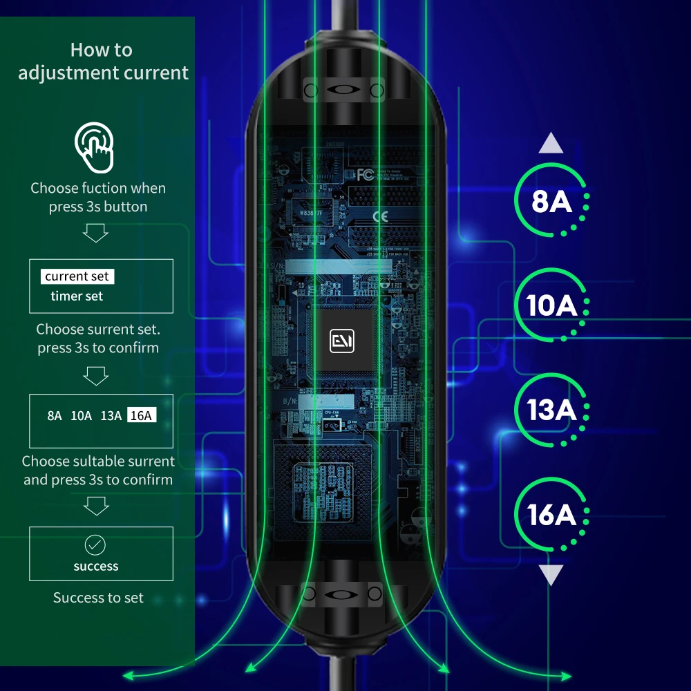 JNTIMUYA EV Fast Charging Portable Charger Type 2 EVSE BR Plug 4 Type Adjustable Currents Car Electrical Devices 3.5KW 16A 5M