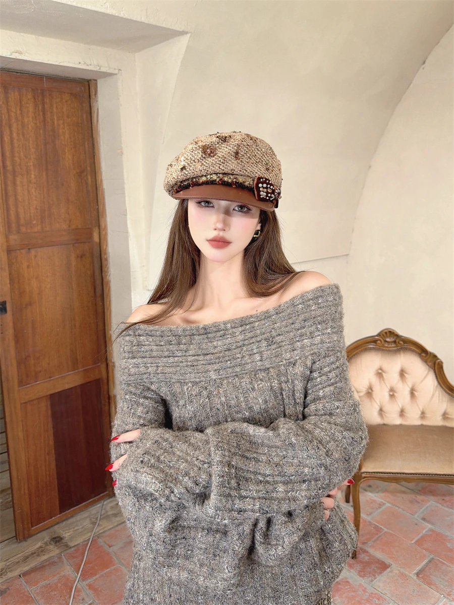 creampp-original-knitwear-boys-newsboy-cap-with-knot-and-patchwork-leather-beret-hat-for-women-warm-foldable-adjust