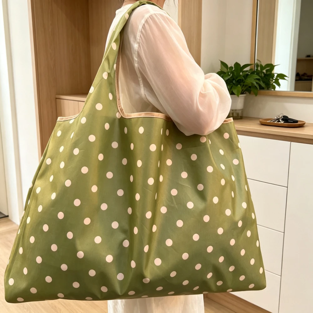 Foldable Polka Dot Tote Bag Lightweight Nylon Reusable Shopping Bag Big Capacity Shoulder Handbag Travel Picnic Grocery Storage