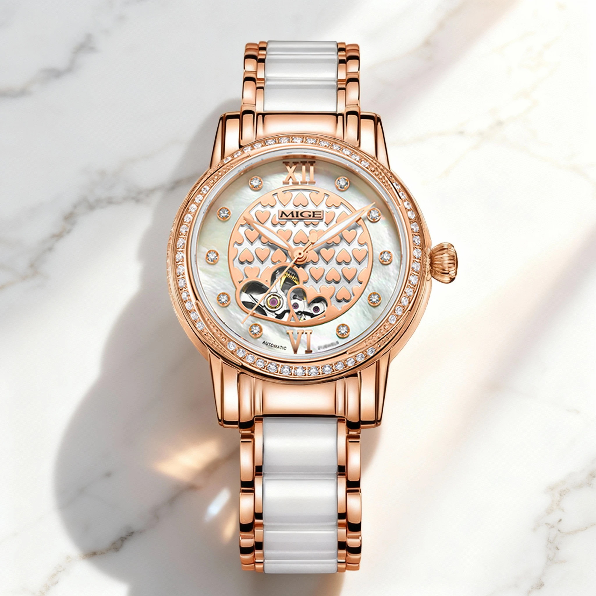 MIGE Ladies Skeleton Mechanical Watch Rose Gold White Ceramic Band Mother Of Pearl Dial Crystal Inlay Romantic Female WristWatch