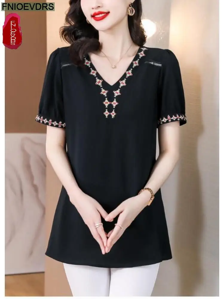 

M-5XL Women 2023 Summer Short Sleeve Retro Vintage Elegant Office Lady Long Shirt Casual Loose Ruffles Black Print Tops Blouses