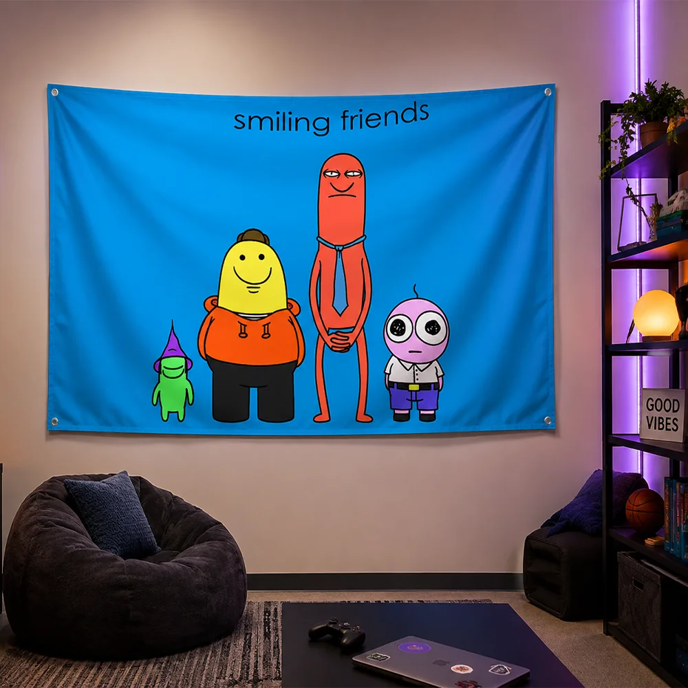 Smiling Friends Flag | Soft Fabric Wall Hanging for Studio, Perfect Gift for Black Humor