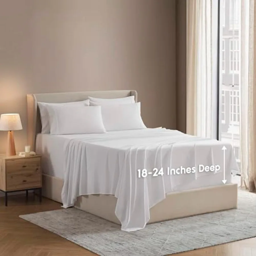 

Extra Deep Sheet Set 7 Pcs Breathable and Cooling Sheets Hotel Luxury Bedding Set w/ Inch Deep Pockets Easy and Secure Fit Supe