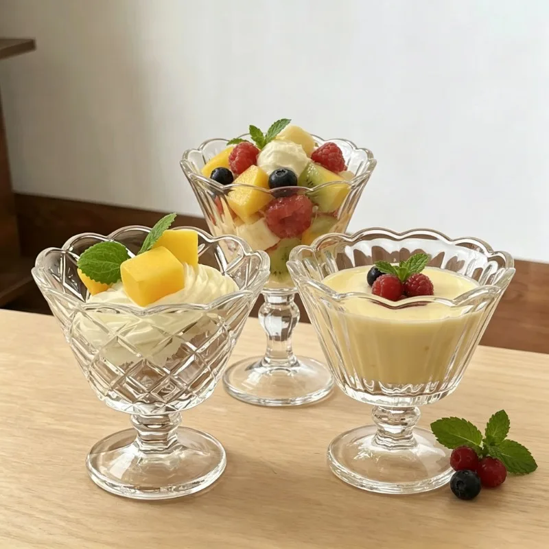 1PC Vintage Lace Edge Glass Goblet Retro Dessert Cup Ice Cream Fruit Pudding Yogurt Bowl for Home Kitchen Dining Party Use