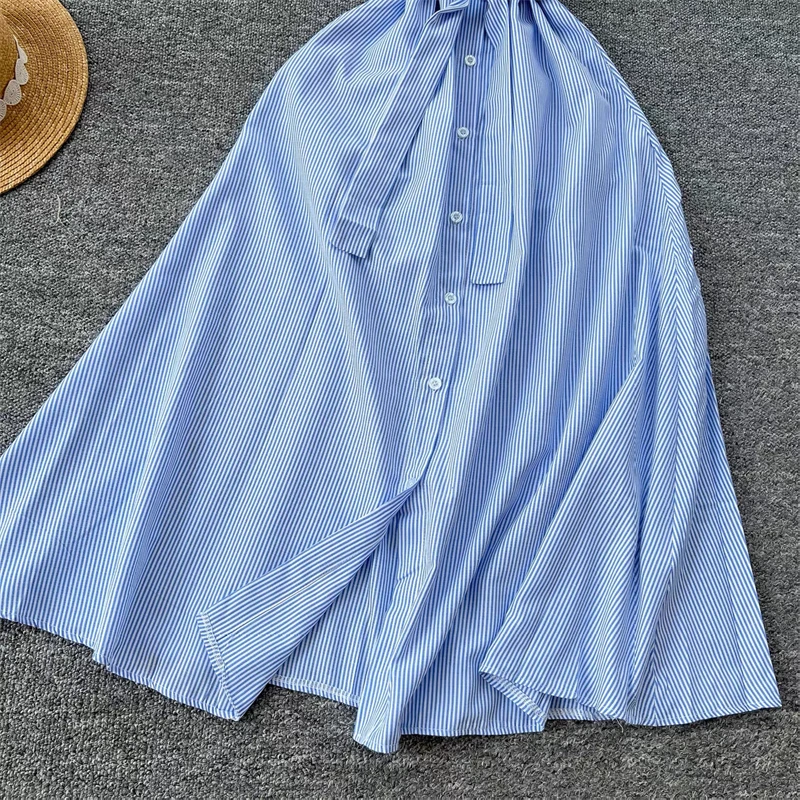 Damen Sommerkleid, neu, gestreift, mit Bindegürtel, schmal geschnitten, ärmellos, Midikleid, lässig, elegant, für Büro und Freizeit, mit Taschen, DR1970 – Detail 16