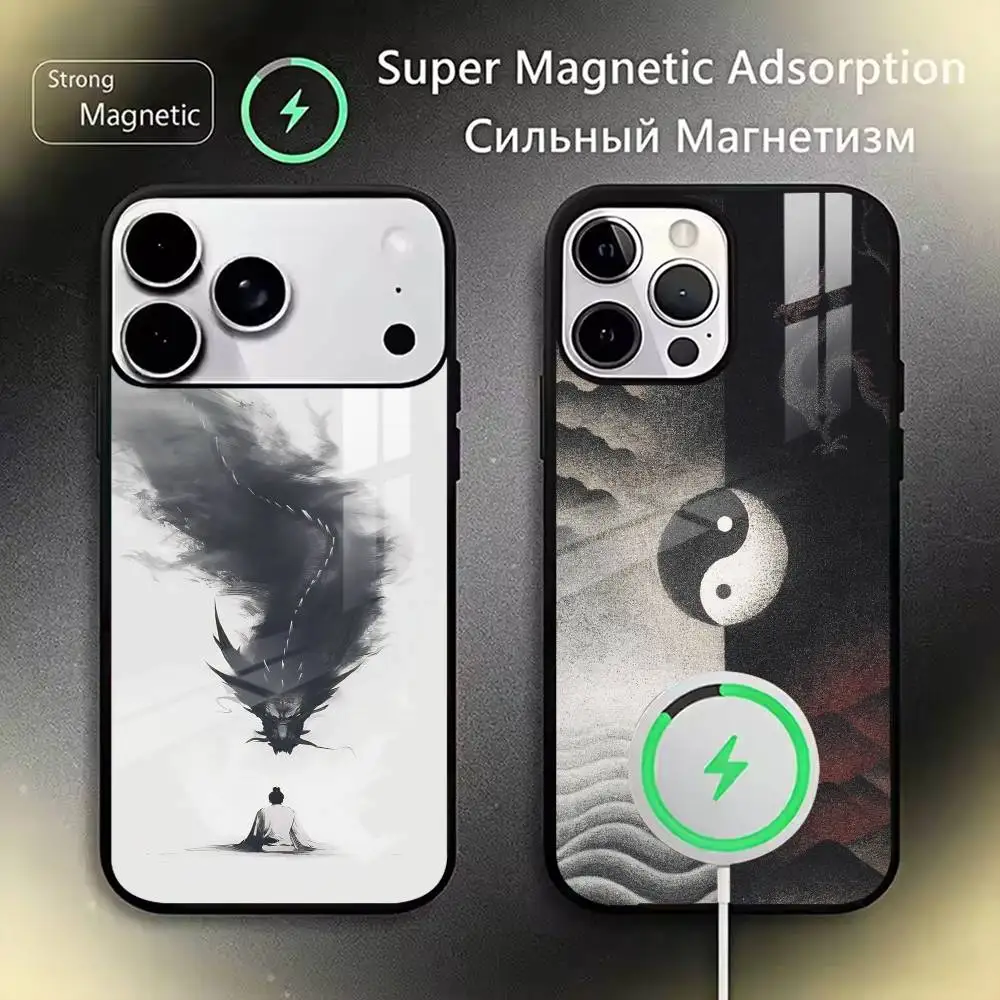 

Japanese Art Dragon Yin Yang Phone Case For iPhone17,16,15,14,13,12,11 Plus,Pro Magnetic For Magsafe Wireless Charging