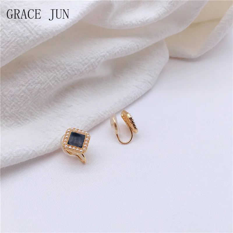 GRACE JUN Gold Color Square Shape Clip on Earrings No Pierced for Women's Cuff Earrings Fashion Cute Mosquito Coil Ear Clip New