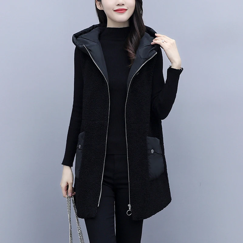 

Autumn Winter Casual Hooded Waistcoat Vest Women Outwear Fashion Loose Warm Lambswool Stitching Vests Jacket Female Overcoat