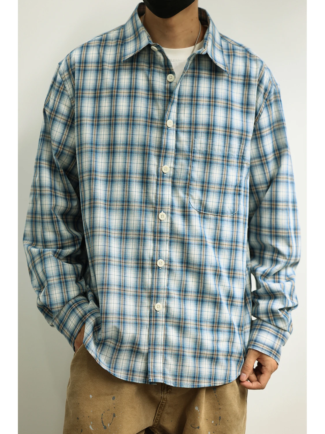 

Свободная повседневная мужская рубашка-куртка в клетку с длинным рукавом, синяя, в японском стиле, дышащая, из хлопка и полиэстера, весенне-осенняя верхняя одежда