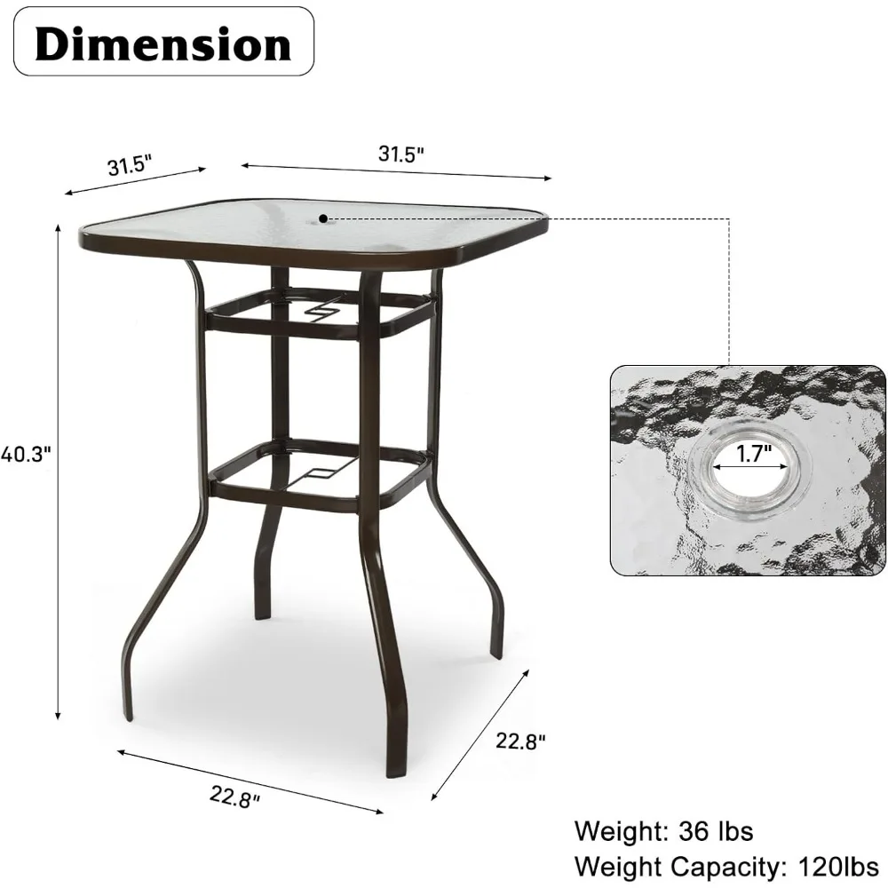 Bartisch für den Außenbereich mit Schirmloch, Metall-Terrassen-Barhöhe, Kneipentisch für Terrasse, hohe Platte (braun)