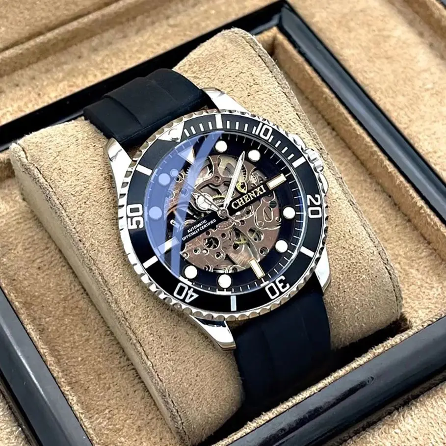 

Роскошные автоматические мужские часы с силиконовым ремешком для дайвинга, деловых видов спорта, часы со скелетом, водонепроницаемые мужские часы 2025