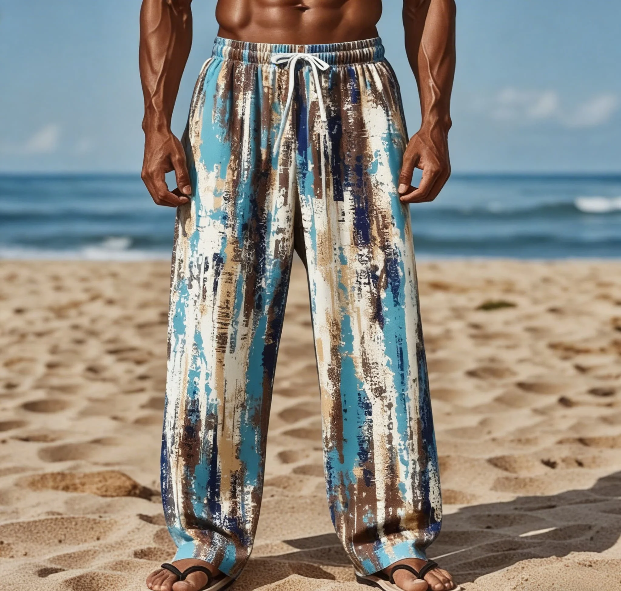 Men's Summer New Hawaiian Retro Distressed Pattern Print Straight Leg Pants Beach Casual Pants