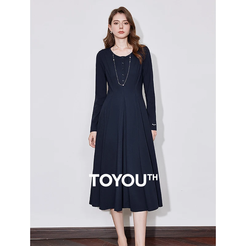 

TOYOUTH Women Dress 2024 Autumn Winter New Round Neck Slim Waist A Line Mid Length Elegant Office Party Dress