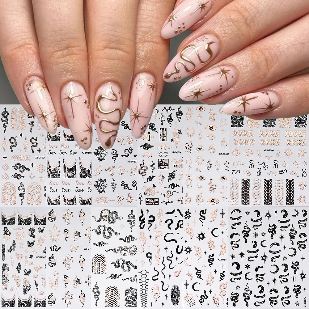 12 pz Hot Stamping Modello Del Serpente Adesivi Per Unghie Hollow Oro Rosa Pelle di Serpente Decalcomanie Per Unghie Di Lusso Serpente Curvo Cthulhu Manicure Decor