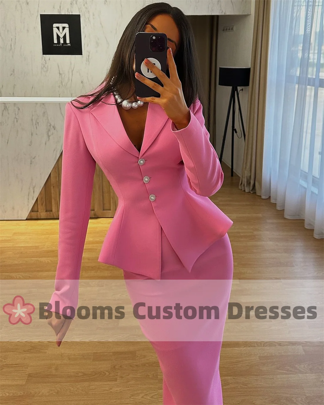 Blooms Customized V-Neck 2 Piece Buttons Prom Dresses For Formal Occasion Sheath Party Gown Long Sleeves Evening Dress