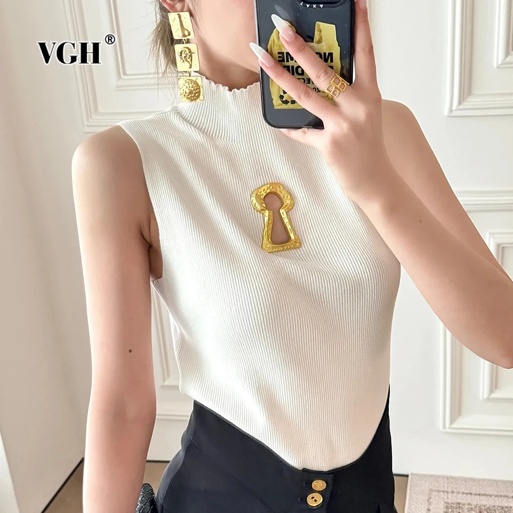 

VGH Solid Temperament Hollow Out Slim Fit T Shirts For Women Turtleneck Sleeveless Summer Casual T Shirt Female Fashion Style