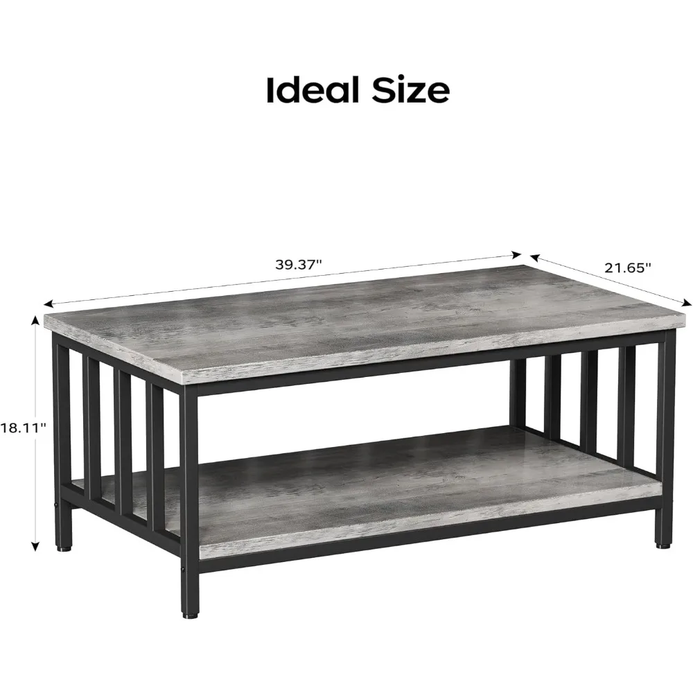 Homeiju Couchtisch für Wohnzimmer mit Lattenrost, moderner Bauernhaus-Wohnzimmertisch mit 2-stufigem Ablagefach für