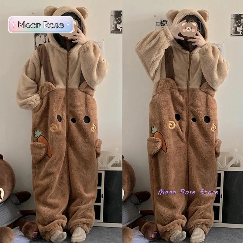 Cartoon Fleece Pyjama Flannel Anime Onesie Adults Animal Pajamas Set Women Men Warm Winter Bear Sleepwear Cosplay Halloween