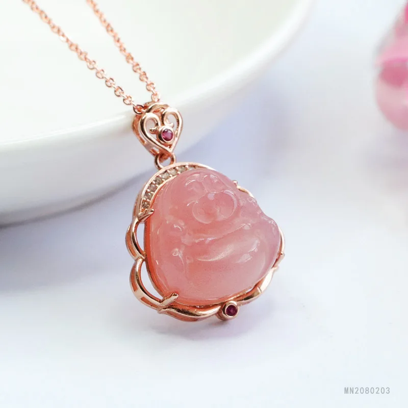 Chinese Style Auspicious Lucky Laughing Buddha Pendant Necklace S925 Silver Inlaid Natural Yanyuan Agate Blessing Wealth Good