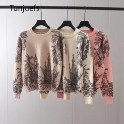 Korea Y2k Tops Sweaters Women's Sweater Pullovers Long Sleeve Knitted O Neck Jumper Tiger flowers Print Women Clothes Ins Winter