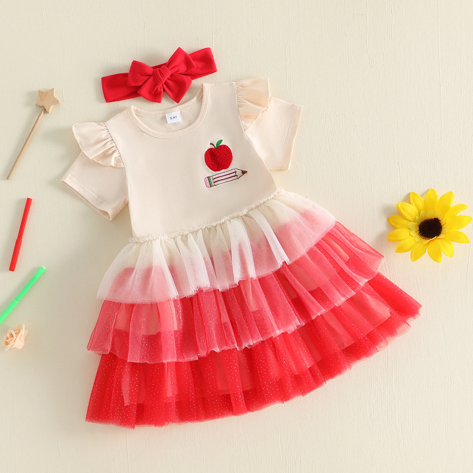 1-5Y Girls Back-to-School Outfits Apple and Pencil Embroidery Layered Rhinestone Tulle Mesh Princess Dress Headband