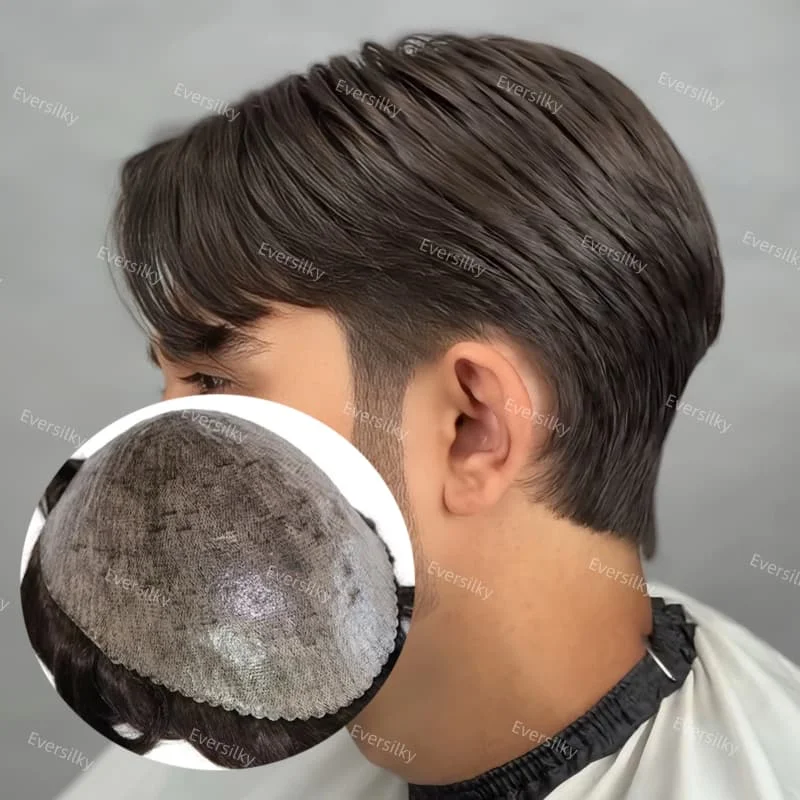 سوبر رقيقة الجلد 0.1 مللي متر-0.12 مللي متر Microskin كامل بولي Men الرجال الشعر المستعار 130% الكثافة 100% نظام استبدال الشعر البشري الشعرية الاصطناعية #3