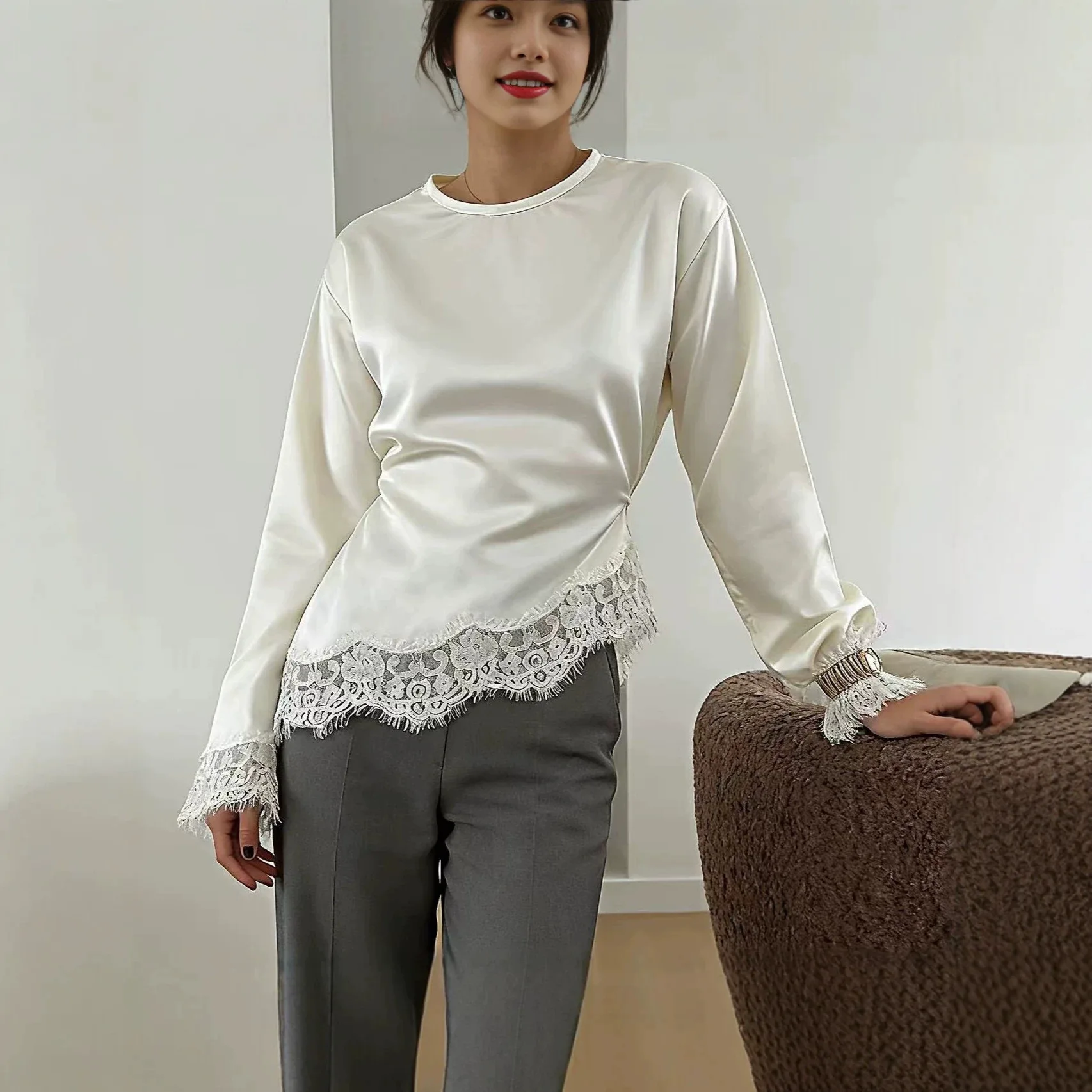 Pure Color Satin Lace Patchwork Long Sleeve Women's Base Shirt Asymmetric Design Anti-Pilling Home Clothes Polyester Fiber