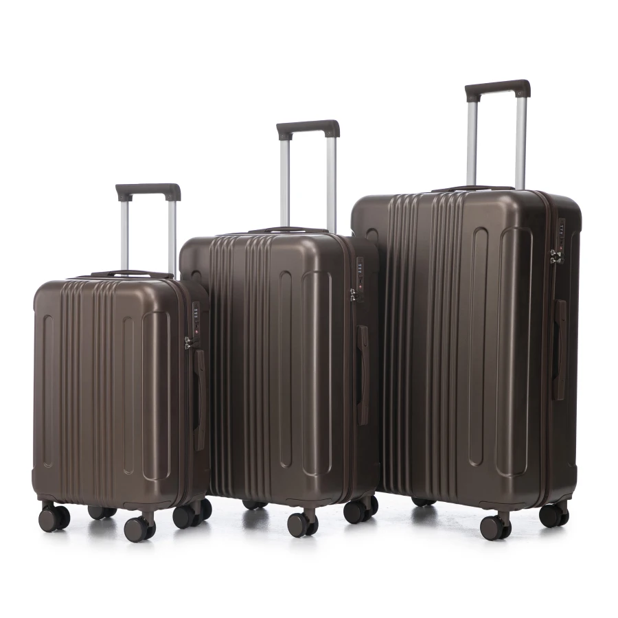 

Carry on suitcase set for travel, ABS material, brown color, 3 pcs/set with spinner wheels and TSA combination lock