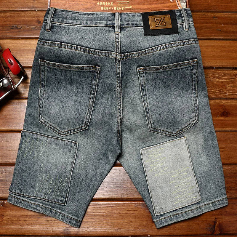 Short de vaqueiro reto justo masculino, remendo azul retrô de costura, marca de moda stretch, verão