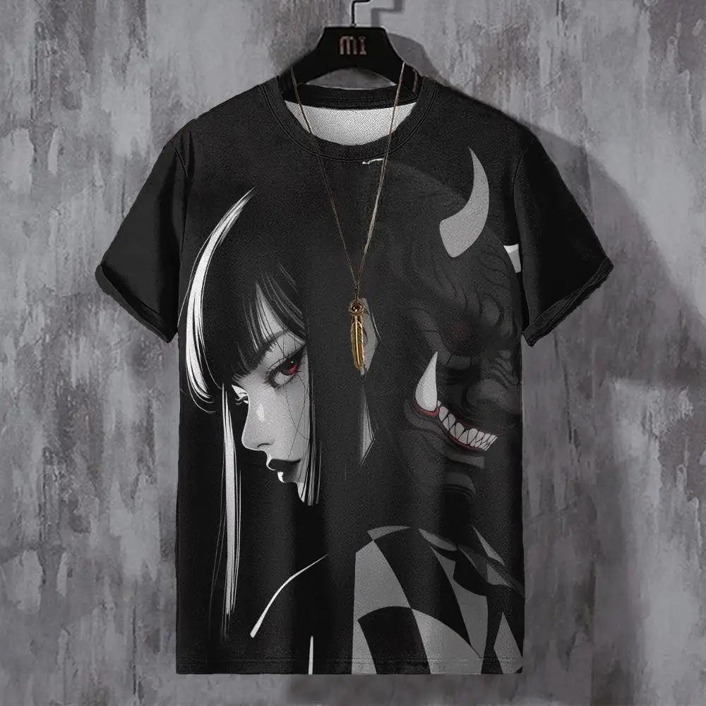 Camiseta Vintage para hombre, camisa con estampado de bonitos personajes de Anime, cuello redondo, informal, ropa de gran tamaño, Top