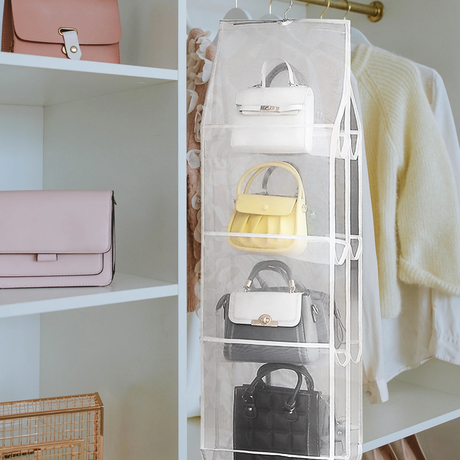 

Nylon Mesh Purse ganizers 3 Layers 6 Grids White Closet ganizer Hanging Purse Bag Shoe Clothes ganizers For Closets