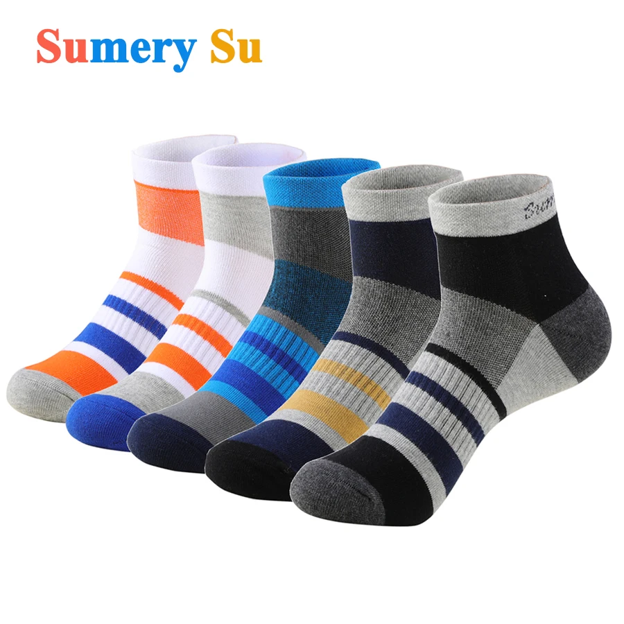 5 Pairs/Lot Running Socks Men Ankle Colorful Stripes Combed Cotton Outdoor Gym Compression Short Male Socks 5 Colors New 2024