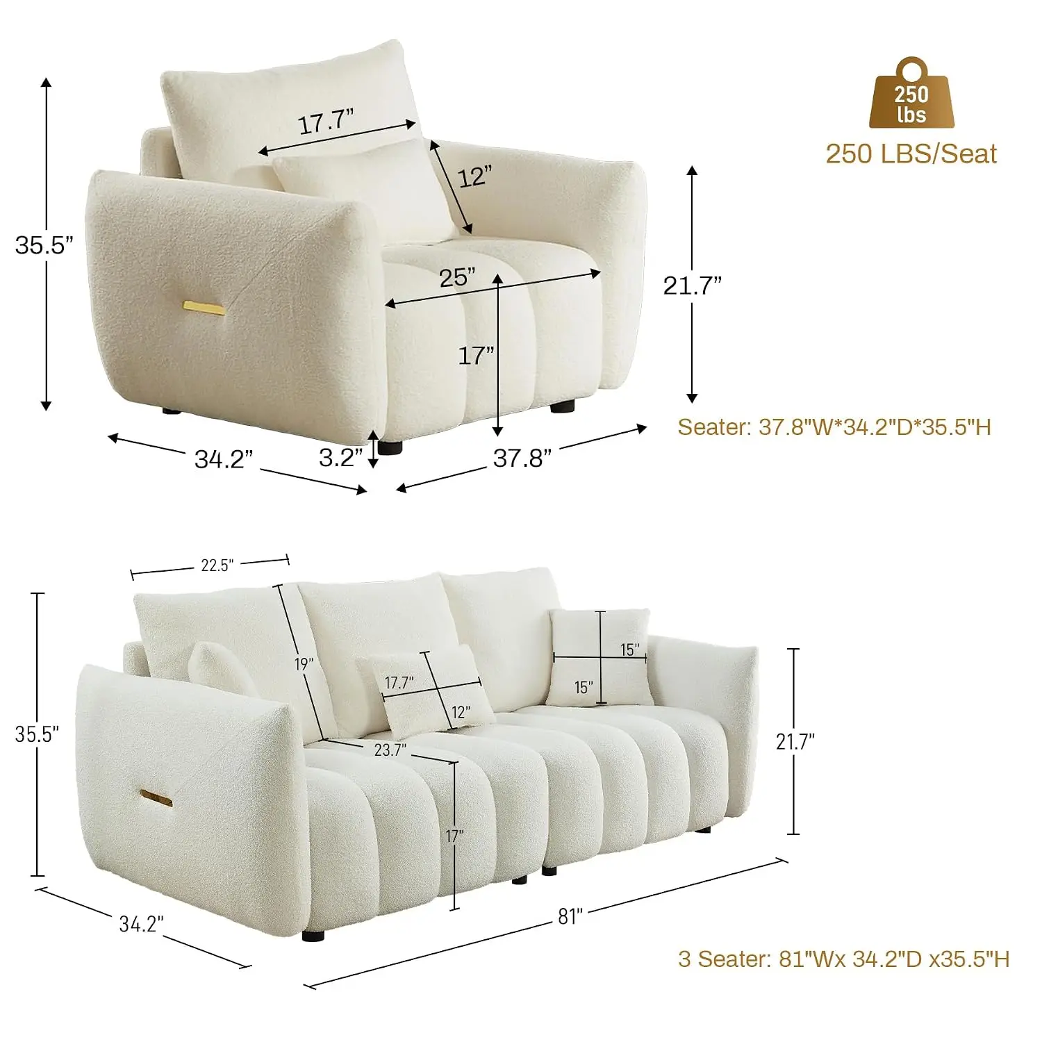 Boucle Cloud 2 Piece Sofa Set Deep Seat With Pillow Beige White, Customized
