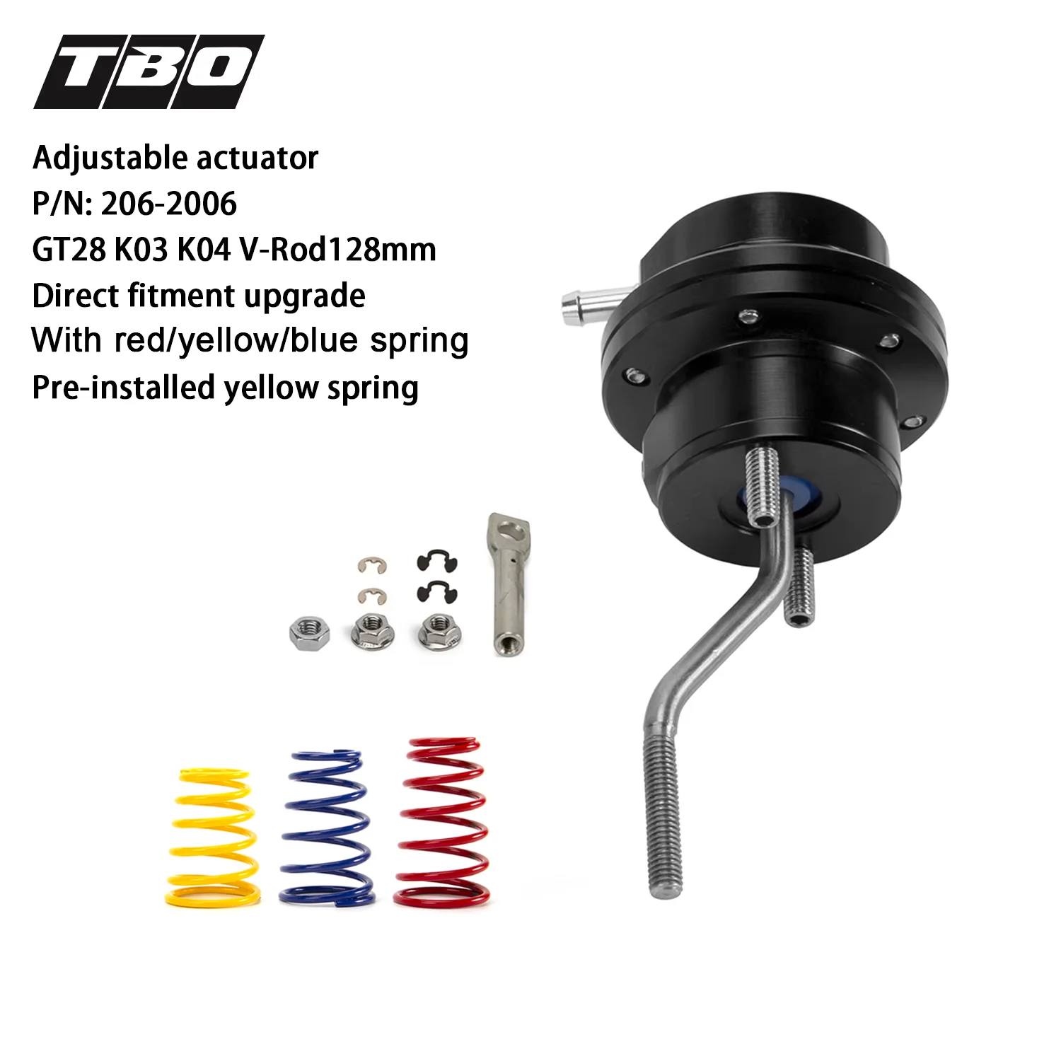 

Turbo Wastegate Adjustable Actuator V-Rod128mm For GT28 K03 K04 Turbo Direct Fitment With Green/Yellow/Blue Spring