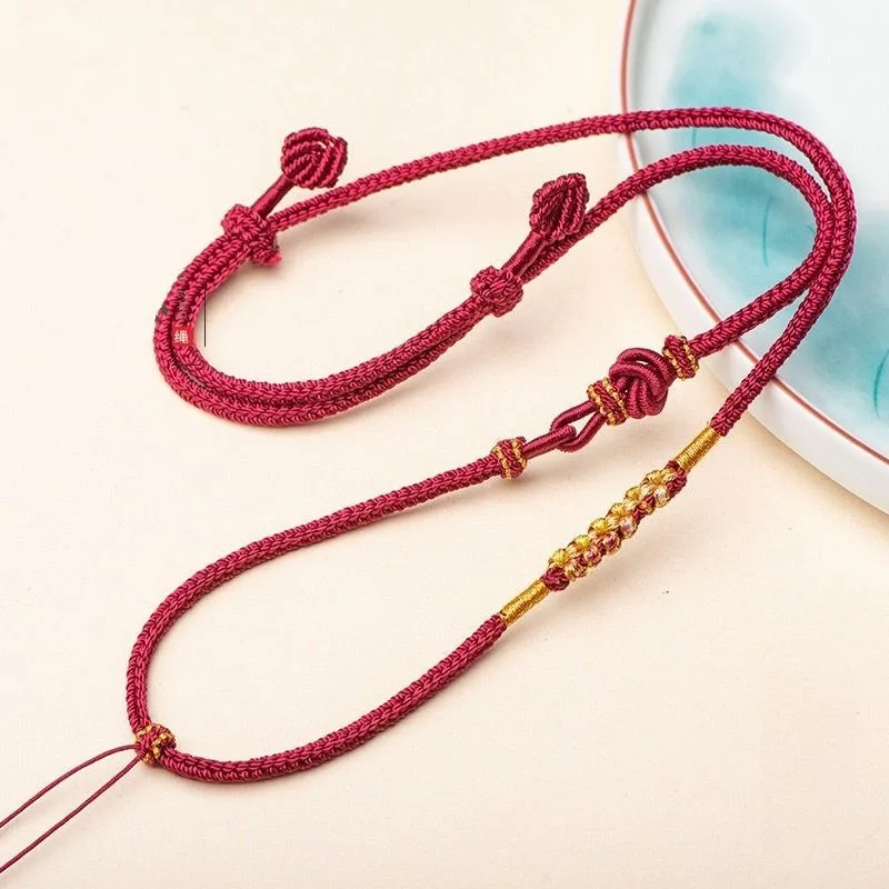 Hand‑Braided 8‑Strand Peach Blossom Pendant Necklace Cord Adjustable Jade Gold Pendant Lanyard Sweater Chain for Men Women