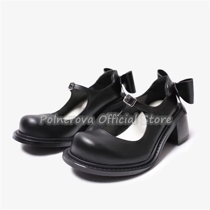 

Butterfly-Knot Decor Round Toe Women Mary Janes Shoes 6Cm Chunky High Heel Belt Buckle Pumps New Fashion Lady Dress Loafers