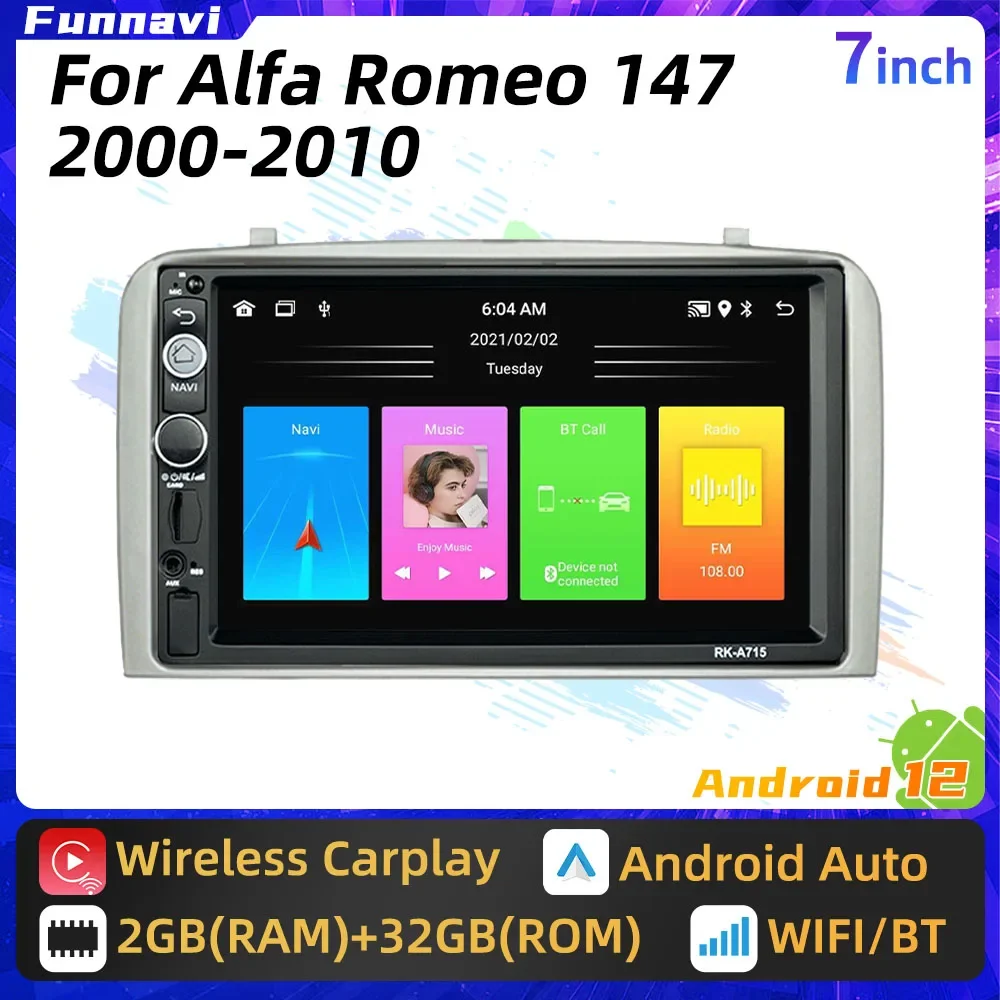 2 Din Android Car Radio for Alfa Romeo 147 2000 - 2010 Stereo with Screen Multimedia Player GPS BT WIFI FM Aotoradio Carplay