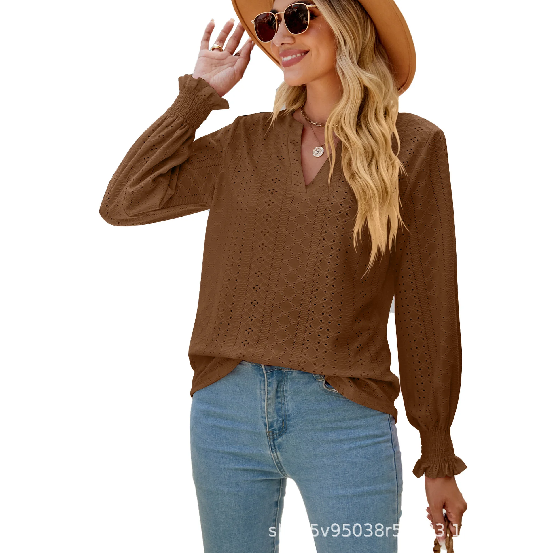 New Solid Color Hollow Pleated Lotus Leaf Sleeves V-neck Loose Long Sleeved Top