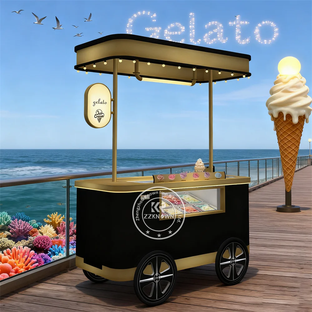 

Food Ice Cream Cart Mobile Food Cart with LED Lights Gelato Showcase Outdoor Flower Cart Ice Cream Display Case Hot Dog Cart