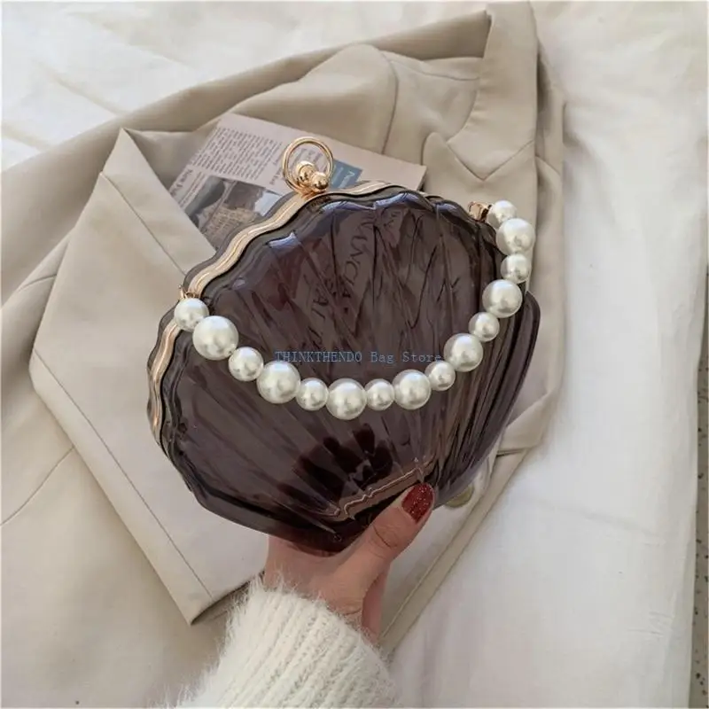 

340D Women Shell Shoulder Bag Beads Chain Crossbody Bag Fashion Clear Handbag