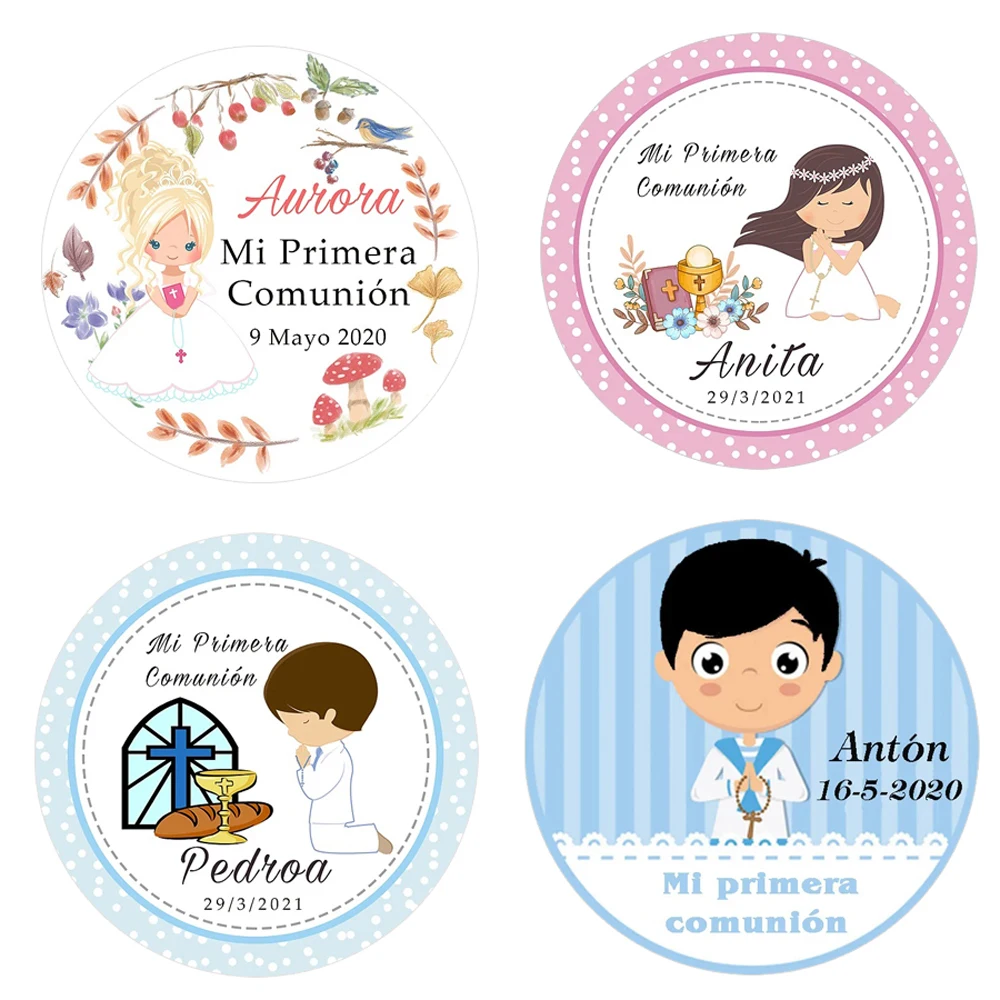 맞춤형 아기 세례 스티커, 남아 및 여아용 맞춤 스티커, 나의 첫 영성체, 100 PC, 3-7cm