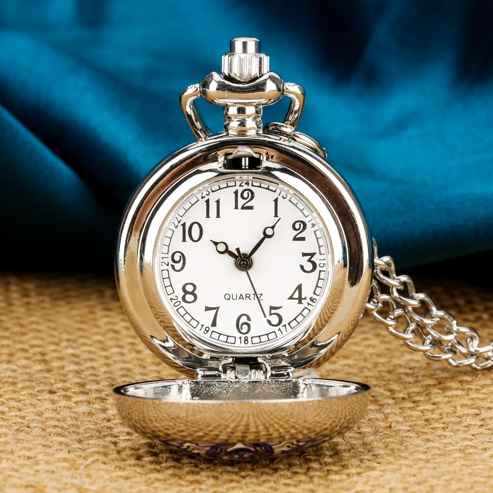 Tiny Nette Silber Anhänger Quarz Halskette Uhr Frauen Charme Blumen Muster Display Kette Tasche Uhr Geschenke für Mädchen Kinder