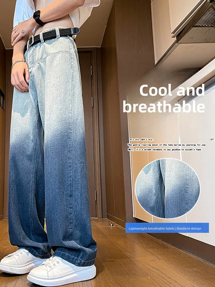 

Breathable Men's Summer Thin Casual Straight Leg Jeans Loose Fit Comfortable Lightweight Classic Blue Denim Pants