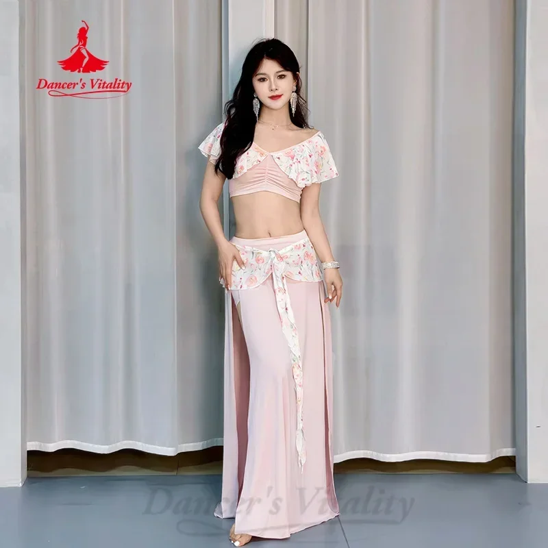 Belly Dance Practice Clothes for Women High-end Elegant Printed Pink Crystal Cotton Set Adult Oriental Belly Dancing Wear Outfit